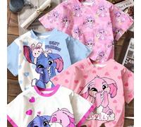 Shein 4 piezas Camiseta básica de manga corta y cuello redondo con estampado de conejo azul Lulu, patrón de puntada, teñido anudado en azul cielo, estilo mi