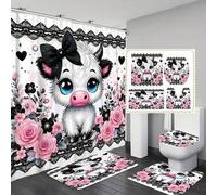 Shein 4 piezas Conjunto de baño con estampado de vaca y moño negro, incluye cortina de ducha de poliéster lavable (con 12 ganchos), tapa de inodoro, tema an