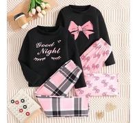 Shein 4 piezas Conjunto de pijama casual para niñas, pijama rosa con decoración de lazo "Buenas noches", para experiencia de moda, multipieza, adecuado para