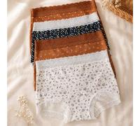 Shein 4 piezas de bragas tipo boyshort de cintura alta de algodón para mujer, ropa interior con ribete de encaje y estampado floral & de lunares, bragas sua