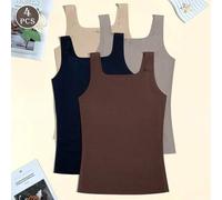 Shein 4 piezas de camisetas deportivas de mujer, unicolor, suaves & cómodas, sin costuras, cuello cuadrado ondulado, tacto fresco, anti-exposición, anchas,