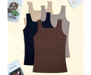Shein 4 piezas de camisetas deportivas de mujer, unicolor, suaves & cómodas, sin costuras, cuello cuadrado ondulado, tacto fresco, anti-exposición, anchas,