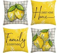 Shein 4 PIEZAS de Funda de almohada a cuadros búfalo con limones de verano, "El hogar dulce hogar es todo", funda de cojín de sofá por un solo lado, sin rel
