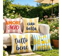 Shein 4 piezas de fundas de cojín de verano a rayas, fundas de cojín decorativas para patio exterior, lavables a máquina, impresas con "Amore Mio" "Ciao Bel