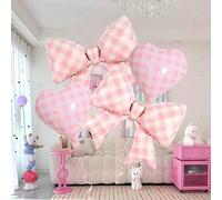 Shein 4 piezas de globos de papel de aluminio con lazo a cuadros rosas grandes, globos de corazón de 18 pulgadas adecuados para fiestas de cumpleaños, temas
