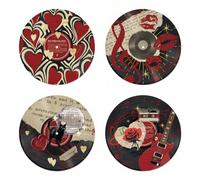 Shein 4 piezas Decoración de pared de discos de música vintage, discos de vinilo negro genuinos con elementos de corazón rojo, labios de gato, bola de disco