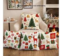 Shein 4 piezas Fundas de almohada con estampado 2D de temas clásicos navideños, incluyendo árbol de Navidad, reno, copo de nieve y regalo, con cierre de cre