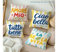 Shein 4 piezas Fundas de almohada con estampado de hojas a rayas coloridas frescas y brillantes, "Hola, dulce vida, mi amor, todo está bien" con letras ital