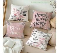 Shein 4 piezas Fundas de cojín con estampado de acuarela de hojas rosa y gris, lema cálido "Home Sweet Home & Bless This Home" [Inserto de cojín no incluido