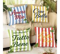 Shein 4 piezas Fundas de cojín con estampado de texto italiano Hello, Sweet Life, My Love, Everything Is Fine, hojas a rayas de colores [Inserto de cojín no