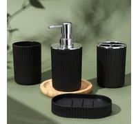 Shein 4 piezas Juego de baño con diseño de rayas simples, que incluye botella de jabón de manos, vaso de enjuague, soporte para cepillo de dientes y plato d