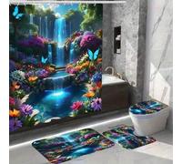 Shein 4 piezas Juego de baño con tema de cascada y mariposa, hecho de poliéster, incluye cortina de ducha impermeable, alfombra antideslizante, tapa de inod