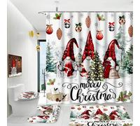 Shein 4 piezas Juego de baño con tema de enanos navideños (Cortina de ducha, Tapa de inodoro, 2 alfombrillas de baño) | Texto clásico "FELIZ NAVIDAD" | Deco