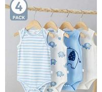 Shein 4 piezas Pelele de manga corta suave y casual con estampado de elefante y rayas para bebé recién nacido unisex, adecuado para primavera, verano, otoño