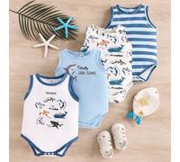 Shein 4 piezas Pelele sin mangas para bebé niño con estampado de tiburón y rayas, para primavera/verano y vacaciones