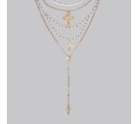 Shein 4 piezas/Set Collar de Cruz & Virgen María con cuentas de múltiples capas chapado en oro de 14k, adecuado para vacaciones, oración, y regreso a la esc