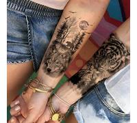 Shein 4 piezas/set Tatuajes temporales de gran tamaño para el Body con patrones de animal de lobo tigre león negro bosque luna para mujeres o hombres, tatua