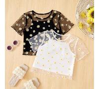 Shein 4 Unids/set Tween Camiseta De Malla Con Estampado De Flores De Cuello Redondo Para Niñas Con Camiseta Sin Mangas Interior