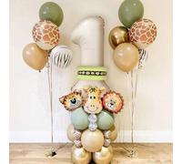 Shein 40 piezas de globos de aluminio con temática de león, tigre y jirafa, set de guirnalda de globos con números en blanco crema, adecuado para decoración