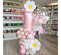 Shein 42 piezas Conjunto de globos de pilar de margarita, incluye globos de número rosa de gran tamaño, globos de aluminio de girasol, adecuado para fiesta