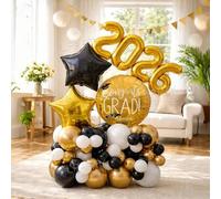 Shein 49 piezas/Set Decoración de Fiesta de Graduación 2026, Globo Redondo Dorado de 18 Pulgadas "Felicidades Graduación", Globos de Estrella Dorado/Negro d
