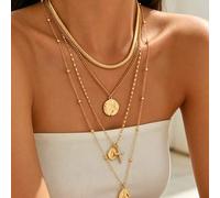 Shein 4pcs/Set Collar de Serpiente Grueso Dorado Vintage de Moda Multicapa Apilado, Diseño de Nicho con Colgante de Cruz con Strass de la Virgen María, Joye