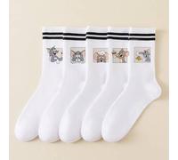 Shein 5/1 Par de calcetines tipo tripulación con diseños de Tom y Jerry para hombres. Con diseños novedosos e interesantes, son calcetines divertidos y extr