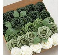 Shein 5/25 piezas Rosas artificiales, Juego de rosas artificiales con degradado verde bosque - Juego de ramo de boda DIY, adecuado para boda, pastel, decora