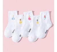 Shein 5 pares de calcetines con adorno de encaje blanco para niñas/niños con diseños de Disney/Princesas, con decoración adorable de patrones de princesas/p