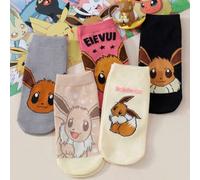 Shein 5 pares de calcetines cortos cómodos, versátiles y transpirables con temática Pokémon Eevee para mujeres, adecuados para uso diario