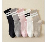 Shein 5 pares de calcetines de media caña de moda a rayas y de unicolor para mujer, en colores negro, blanco, gris, rosa y marrón. Estos calcetines a rayas