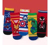 Shein 5 pares de calcetines de media caña para niños con superhéroes de Disney Marvel, calcetines de rayas de colores, escudo de dibujos animados, telaraña,