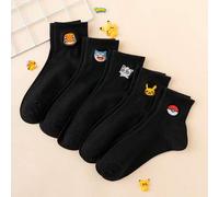 Shein 5 pares de calcetines de tobillo con bordado de Pikachu de Pokémon para mujer, estilo de dibujos animados divertidos, unisex, estilo deportivo, adecua