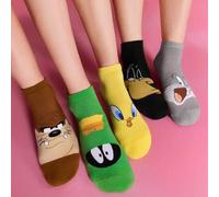 Shein 5 pares de calcetines de tobillo suaves y transpirables, con absorción de humedad, con diseños de Piolín y Silvestre de caricaturas, coloridos y monos