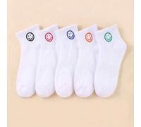 Shein 5 pares de calcetines medianos con diseño de caritas sonrientes, calcetines deportivos de senderismo que son a la moda, suaves y cómodos, aptos para u