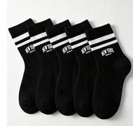 Shein 5 pares de calcetines negros para niños, estilo minimalista, calcetines deportivos de media pantorrilla con dos rayas y letras NEW YORK BROOKLYN, tran