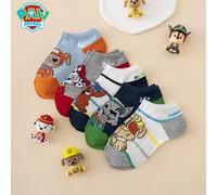 Shein 5 pares de calcetines para niños con patrón de bloques de color a rayas y expresión de Archie & Rocky de la serie Paw Patrol