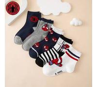 Shein 5 pares de calcetines tipo tripulación con estampado a rayas y diseños de Spiderman de Marvel, tejido jacquard colorido para niños, transpirables y du