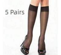 Shein 5 pares de medias negras semi-transparentes hasta la pantorrilla para mujeres, elegantes y versátiles, aptas para uso diario.