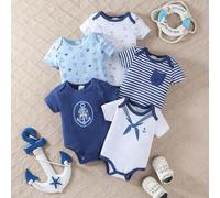 Shein 5 piezas Bodys de bebé con estampado de ancla de dibujos animados náuticos