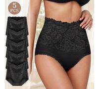 Shein 5 piezas Bragas de mujer con cintura alta, efecto reductor, diseño de encaje y estampado jacquard