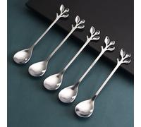 Shein 5 piezas Cucharita con diseño de hoja, de acero inoxidable plateado, para postre, café, cocina, regalo de Navidad, vuelta al colegio, útiles escolares