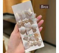 Shein 5 piezas de pinzas para el cabello de mujer con elementos de océano blanco, estilo bohemio, accesorios para el cabello con perlas falsas, decoración d