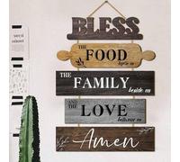 Shein 5 piezas de placas de madera rústica para colgar en la pared, carteles de estilo granja que dicen "Bendice los alimentos antes que nosotros", decoraci
