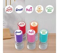 Shein 5 piezas de sellos redondos motivacionales de colores, con frases divertidas como "Buen trabajo", "Increíble", sellos de maestro motivadores, útiles d