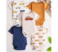 Shein 5 PIEZAS Mono de Body entero con estampado de coche, cuello redondo, manga corta, unicolor, estampado completo, bordado para niños, niñas y bebés, mon