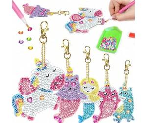 Shein 5 piezas Pintura de diamantes 5D por números Haz tus propios llaveros de gemas Unicornio Sirenita Manualidades Niños 8-12 años Regalos de la cesta de