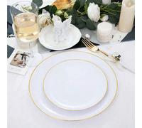 Shein 50/40/5 piezas Platos de cena con borde dorado blanco, platos de cubiertos dorados, platos premium de 7.5in/10.25in con borde dorado, adecuados para b