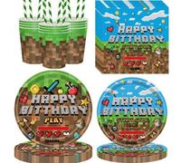 Shein 50/80 piezas Conjunto de suministros para fiesta con temática de Minecraft, incluye platos desechables, platos de postre, vasos, servilletas, un conju