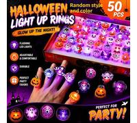 Shein 50 piezas Anillos LED brillantes de Halloween - Diseño lindo y divertido de calabaza, calavera, murciélago, regalos de fiesta, decoración navideña, am